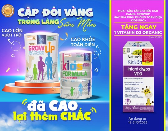 Tặng 1 lọ Nature’s Way VD3 Drops trị giá 450k – Khi mua 1 lon sữa Kids Pro+ hoặc Camel Growup của Royal Ausnz